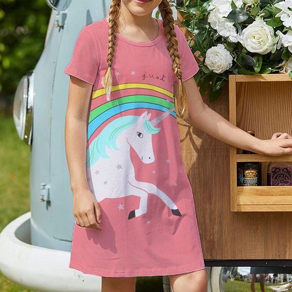 

girls dress rainbow unicorn pattern dress children casual dress a-line skirt knee-length simple, elegant and colorful 5-15 years old, Red;yellow