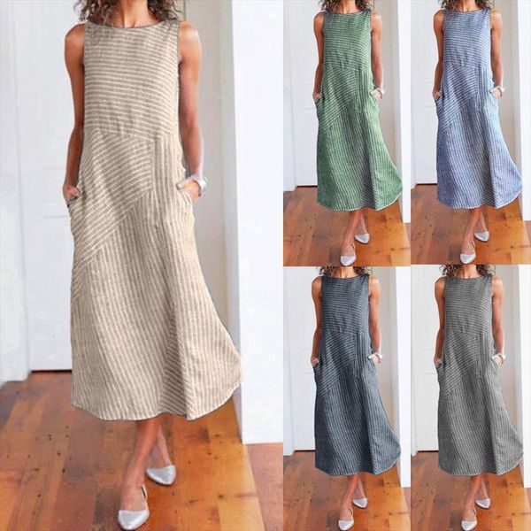 

summer casual striped sleeveless maxi womens dresses crew neck linen pocket party long beach, Black;gray