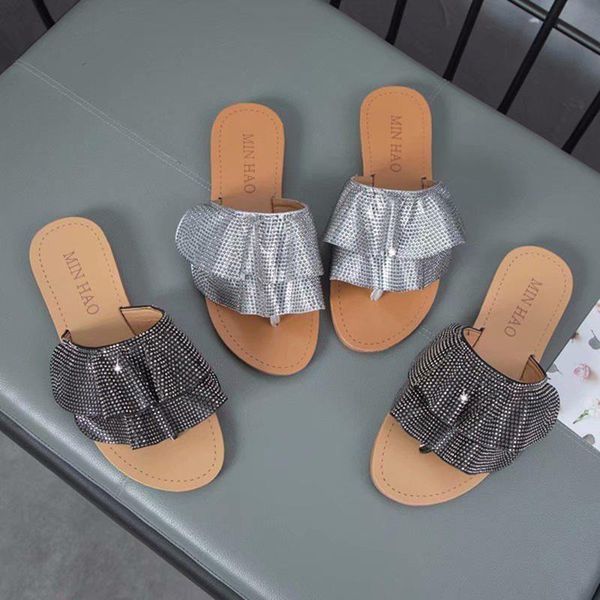 

women sandals summer arrival chic sequin ruffles flip flops flat soft outdoor slides with arch support, Black