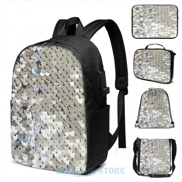 

backpack funny graphic print sparkly silver sequins usb charge men school bags women cosmetic bag travel laptop