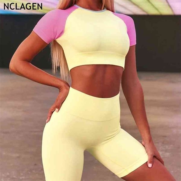 

nclagen fitness suit women sport short and push-up sleeve patchwork colour yoga set 2 piece gym workout sportwear 210813, Gray