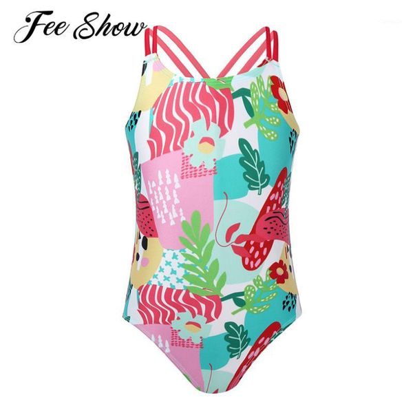 

colorful kids girls one-piece swimsuits swimming bathing suits criss-cross spaghetti straps jumpsuit bodysuits beach swimwear one-pieces, Black