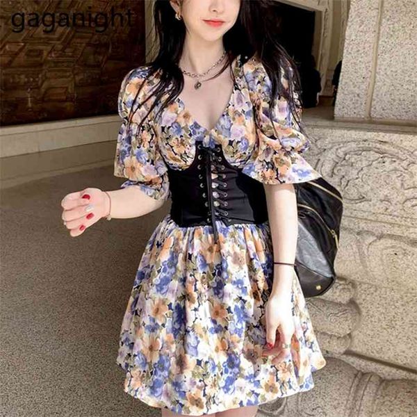 Sommer Frauen Vintage Kleid Hohe Taille Korsett Gürtel Boho es Sexy V-ausschnitt Blumen Druck Puff Hülse Weibliche 210601