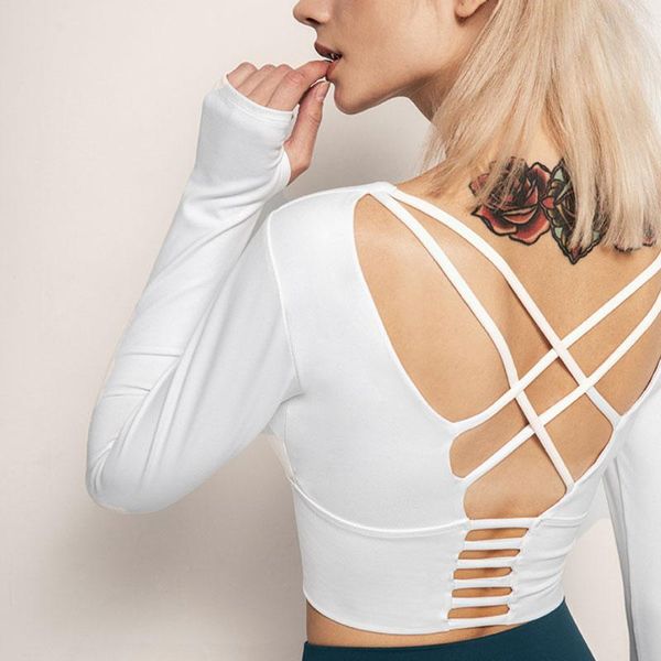 

yoga outfit shirts workout open back long sleeve crop women spring autumn gym cross sports shirt short summer
