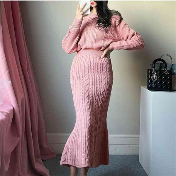 

women's knitting skirt suit sweater pullover + slim bodycon mermaid two-piece office work wear 210603, White