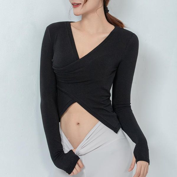 

v neck sports women fitness gym long sleeve breathable dance yoga crop female cross design running workout t-shirt outfit
