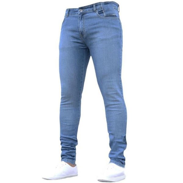 

men's jeans casual solid little feet jean for men autumn fashion tight denim zipper trouser 2021 spring slim mid waist pants streetwear, Blue