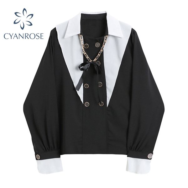 

black goth blouse women with chain oversized fashion streetwear punk style long sleeve shirt female gothic blusas 210417, White