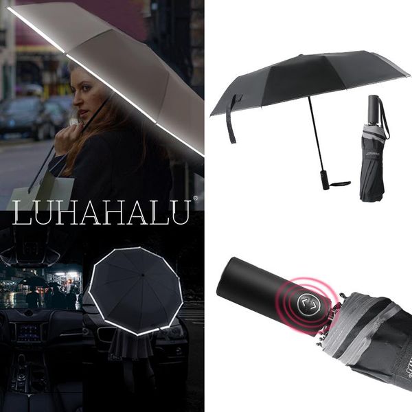 

umbrellas windproof reverse umbrella rain women men automatic large business 3folding 10 ribs reflective stripe gift parasol