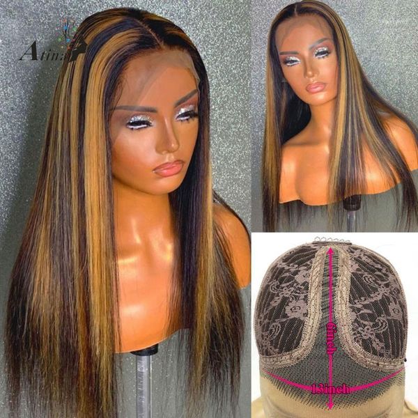 

transparent lace human hair wig 6 inches deep part bleach knots remy ombre highlight colored straight 180 density1, Black;brown