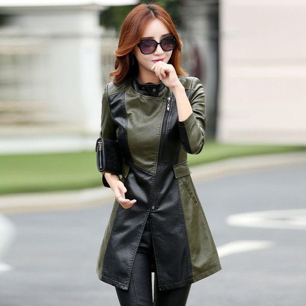 

women's down & parkas spring and autumn leather middle long korean slim fit large locomotive haining windbreaker coat trend, Black
