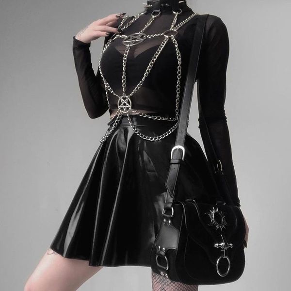 

belts dark women suspenders chest metal chain belt gothic harajuku pentagrams patchwork streetwear tassel harness, Black;brown
