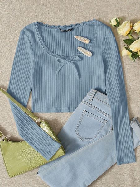 

lace trim bow front rib-knit h7br#, White