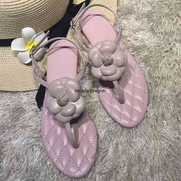 

genuine leather flower decor beach woman summer flip flops cool ladies luxury design flat sandals soulier femme, Black
