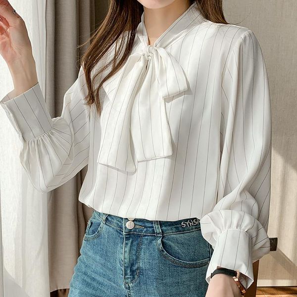 

women's blouses & shirts fashion elegant bow collar white women striped korean long sleeve fall 2021 all match casual clothes