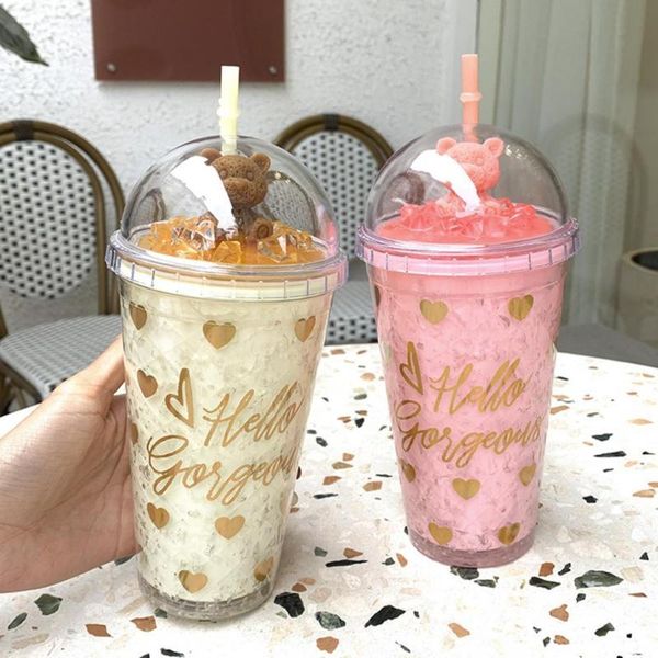 

mugs water cup cartoon bear pattern drinkware silicone ice cream juice mug with straw for office