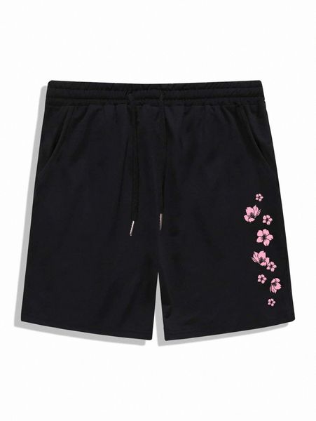 

romwe guys floral print drawstring shorts o4hg#, Black