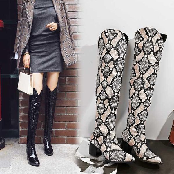 

boots large women's thick heel pointed leopard high cylinder knight sleeve, Black