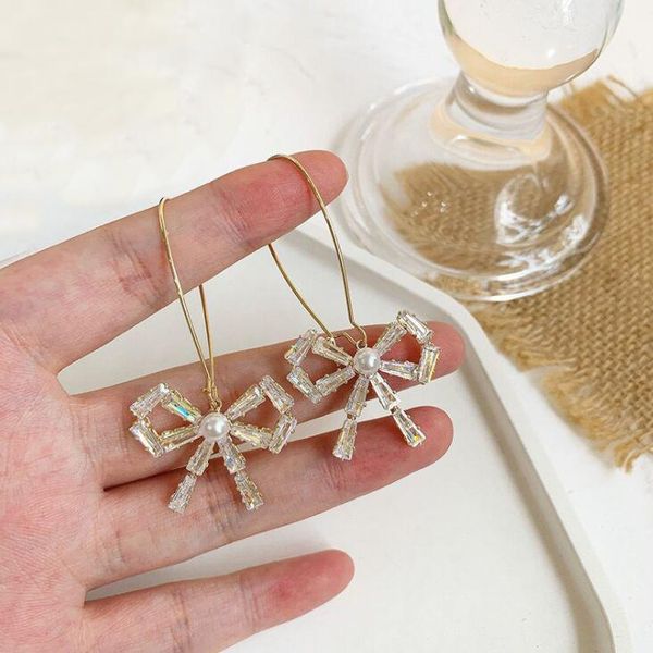 

dangle & chandelier bowknot zircon pearl earrings for women girls fashion jewelry cute all-match drop delicate beautiful, Silver