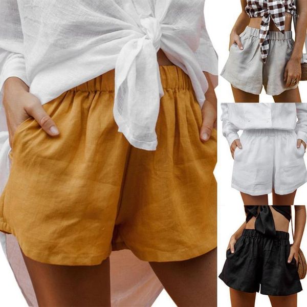 

summer women casual high waisted short loose shorts solid color elastic waist beach pants fashion women's, White;black
