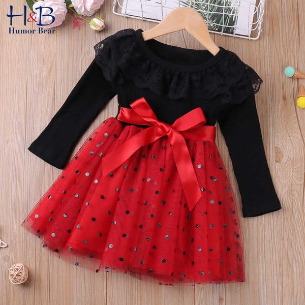 

humor bear girls long sleeve dress autumn new lace collar mesh yarn patchwork princess dress toddler kids clothes g1026, Red;yellow