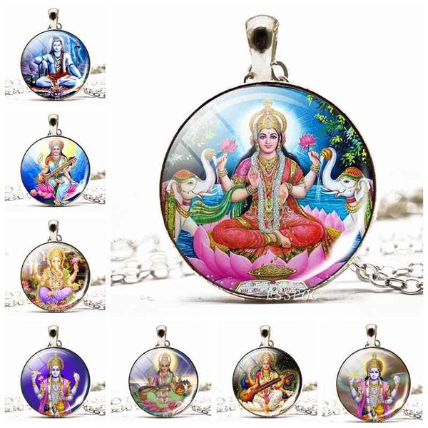 

2021 new pendant necklaces indian buddhism ganesha shiva picture glass cabochon long choker sweater chain necklace gift for women, Silver