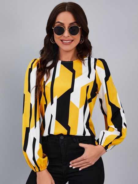 

graphic keyhole back bishop sleeve blouse v9b9#, White