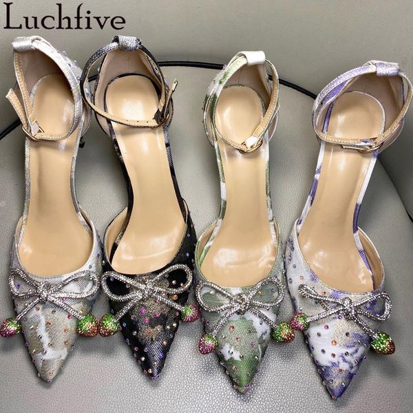 

crystal bowknot sandals women print pointy toe party shoes high heels gladiator stiletto ankle wrap grey woman, Black