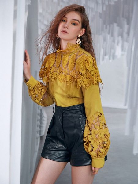

contrast lace bishop sleeve blouse s8n4#, White