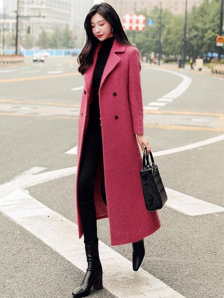 

women's wool & blends 2021 winter woolen overcoat middle and long versatile temperament british style over knee slim tweed coat, Black