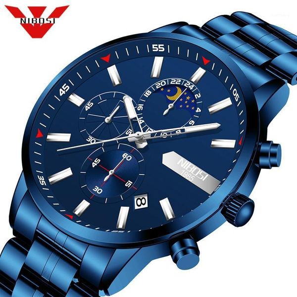

wristwatches nibosi 2021 luxury blue men watch sports chronograph waterproof mens watches quartz full steel wrist clock, Slivery;brown