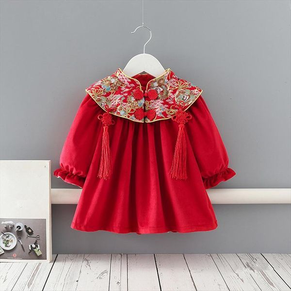 

winter chinese style a line girl dress toddler princess baby girls kids velvet clothes for christmas year 0 4y, Red;yellow