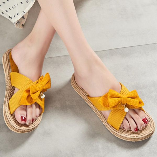 

slippers female butterfly-knot home summer cool women's one word linen belt slides ladies sandals flip flops sh270, Black
