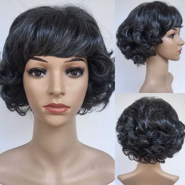 

wig elderly curly short middle-aged white hair wig headgear, Black