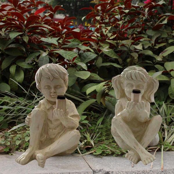 

garden decorations luminous fireflies jar boy girl figurine solar sculpture pastoral decor charging decorative led light