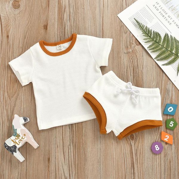 

clothing sets summer baby boy girl set 0-24m solid color short sleeve ribbed knitted shorts, White
