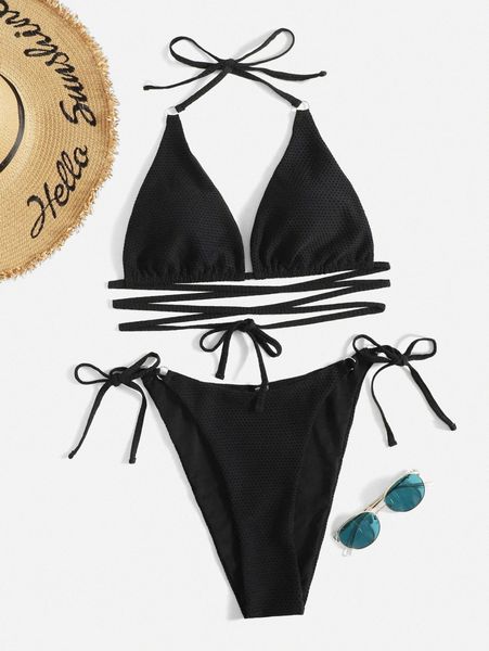 

plus halter triangle tie side bikini swimsuit 54pg#, Black