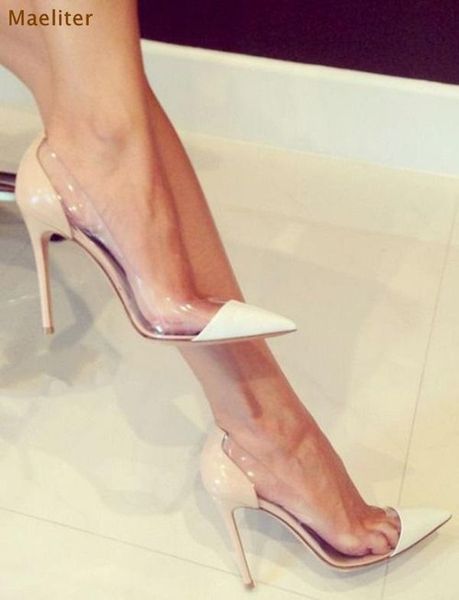 

designer women transparent pvc pointed toe pumps nice patchwork patent leather shoes 10cm high heel dress slim fit, Black