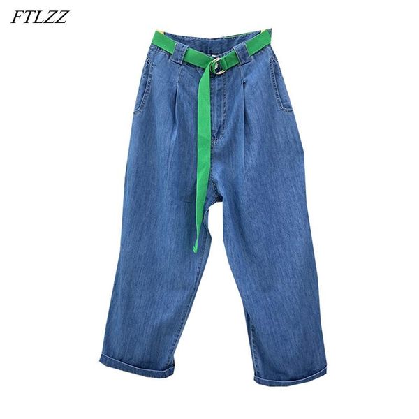 

women's jeans ftlzz high waist women loose retro ankle length denim pants streetwear female wide leg with belt ladies blue trousers