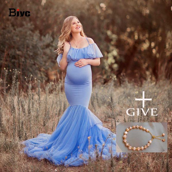

europe and america in summer maternity dresses ruffles baby showers for p shoot chiffon fishtail long skirt solid color186 x0902, White