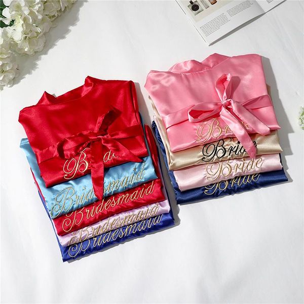 

women's sleepwear bride bridesmaids embroidery women robe v-neck satin bathrobe wedding party bath gown lingerie soft casual home dress, Black;red