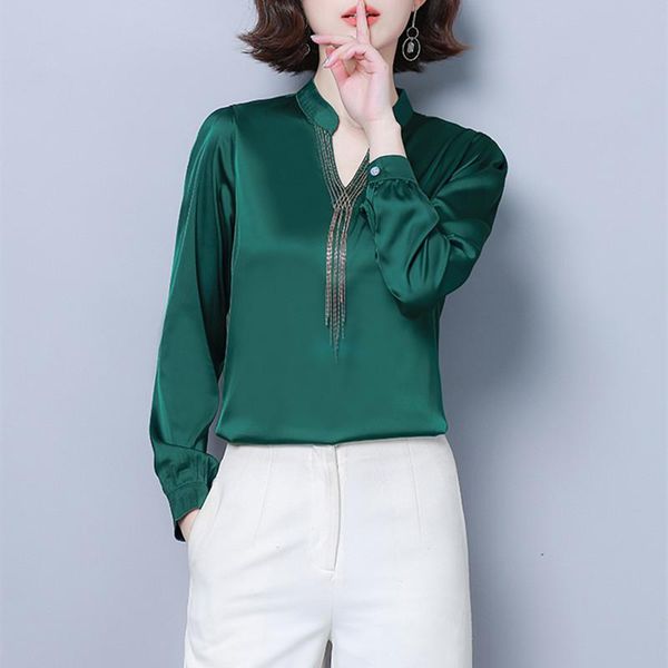 

women's blouses & shirts satin 2021 fall fashion version of v-neck chain decoration solid t-shirt woman clothing long-sleeved ladies, White