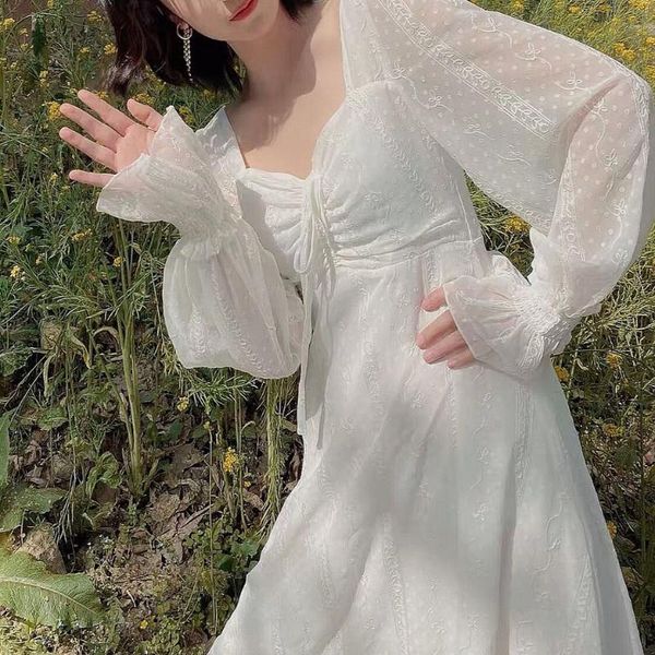 Abiti Casual Principessa Bianca Elegante Abito da Fata Donna Coreano Manica Lunga Chiffon Vintage Midi Autunno 2021 Abiti a Vita Alta