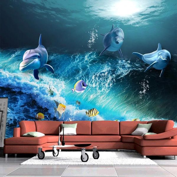 

wallpapers pvc self-adhesive waterproof wallpaper 3d underwater world dolphin po wall mural children's room aquarium decor stickers