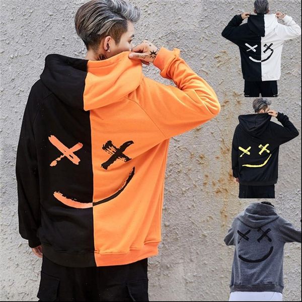 

women hoodies patchwork harajuku hooded hip hop letter print pocket pullover men casual smile pattern, Black