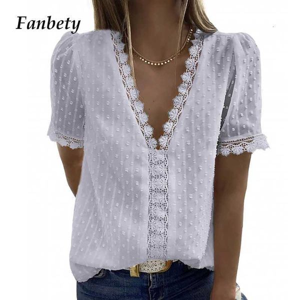 

women's blouses & shirts women elegant deep v neck lace blouse summer lady short sleeve fashion casual solid loose shirt pull, White