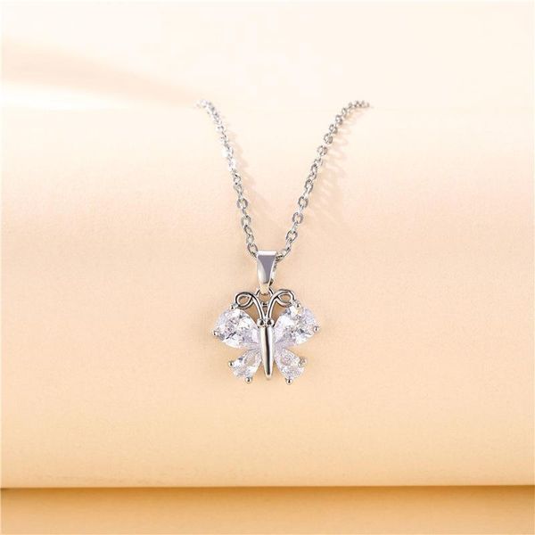 

chains ekopdee fashion simple style zirconia butterfly drop necklace pendant for women 2021 female jewelry valentine gift, Silver