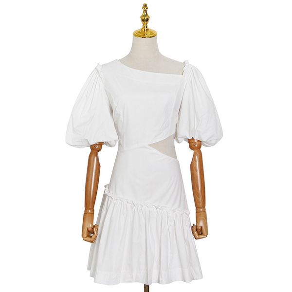 

summer temperament folds slanting shoulders white puff sleeves high waist short fashion holiday style dress women 16f1049 210510, Black;gray