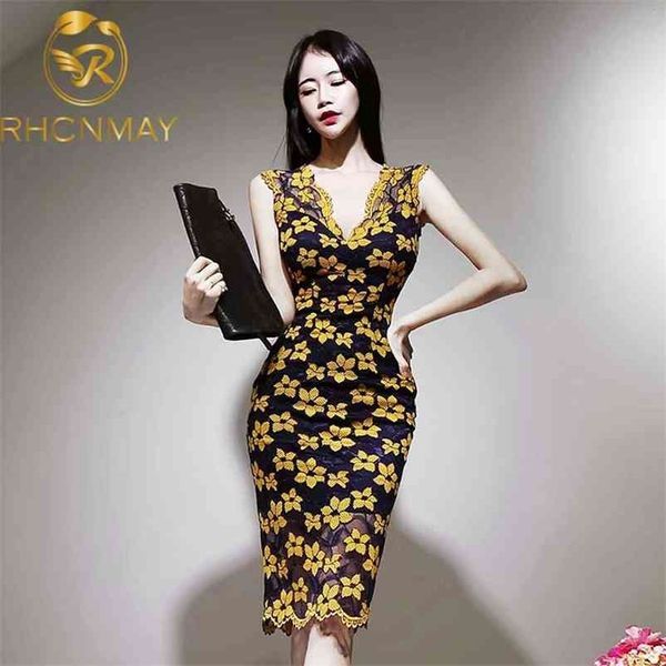 

korean summer embroidery floral lace sheath dress women yellow v neck bodycon hollow out sleeveless party 210520, Black;gray