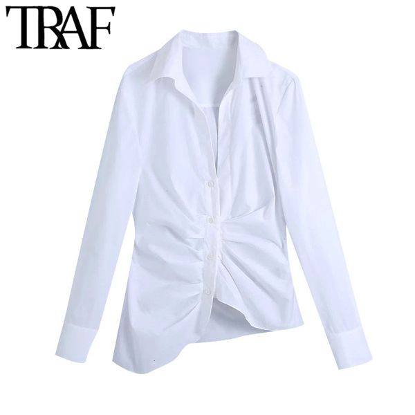 TRAF Moda Moda Drapeado Assimetria Branco Blusas Vintage Button-Up Camisas Femininas Blusas Chique Tops 210415